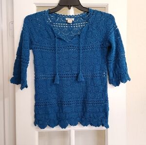 Lucky Brand Crochet Boho Top Teal Blue V-Neck Tassel 3/4 Sleeve M 7W50963